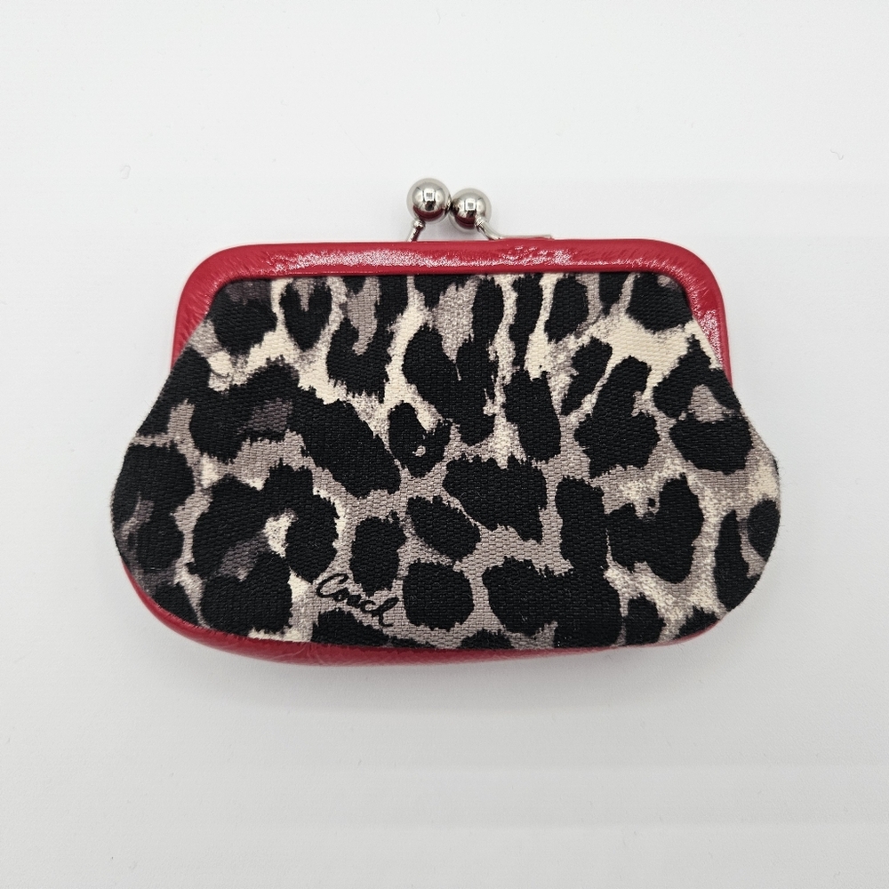 COACH Ocelot Small Coin Purse Animal Leopard Print Red Trim Kisslock